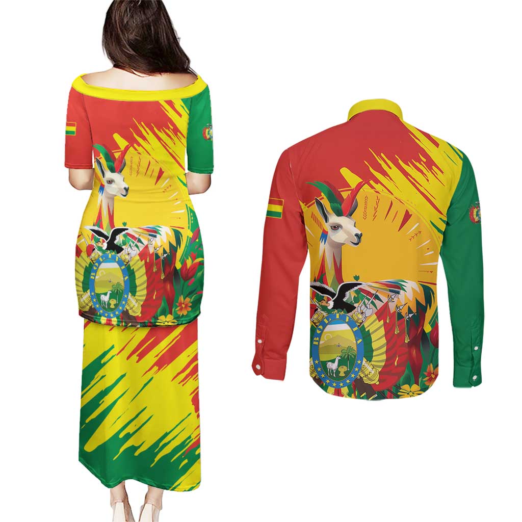 Bolivia Independence Day Couples Matching Puletasi and Long Sleeve Button Shirt Puliwya Achka Aylluska Mamallaqta - Wonder Print Shop