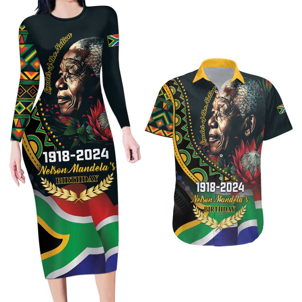 Nelson Mandela Birthday Couples Matching Long Sleeve Bodycon Dress and Hawaiian Shirt Leader of the Nation - Wonder Print Shop