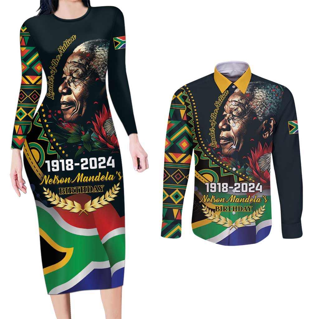 Nelson Mandela Birthday Couples Matching Long Sleeve Bodycon Dress and Long Sleeve Button Shirt Leader of the Nation - Wonder Print Shop