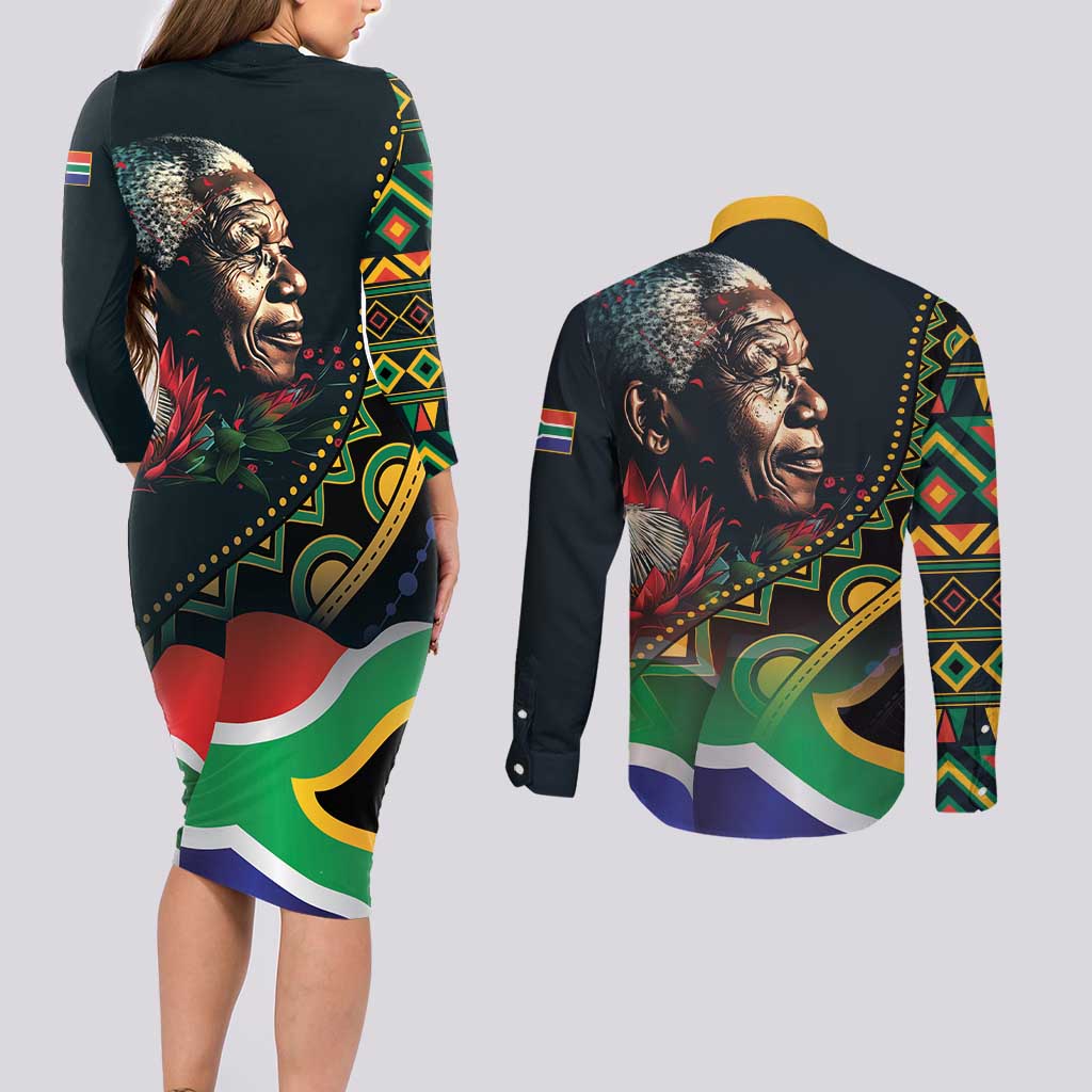 Nelson Mandela Birthday Couples Matching Long Sleeve Bodycon Dress and Long Sleeve Button Shirt Leader of the Nation - Wonder Print Shop