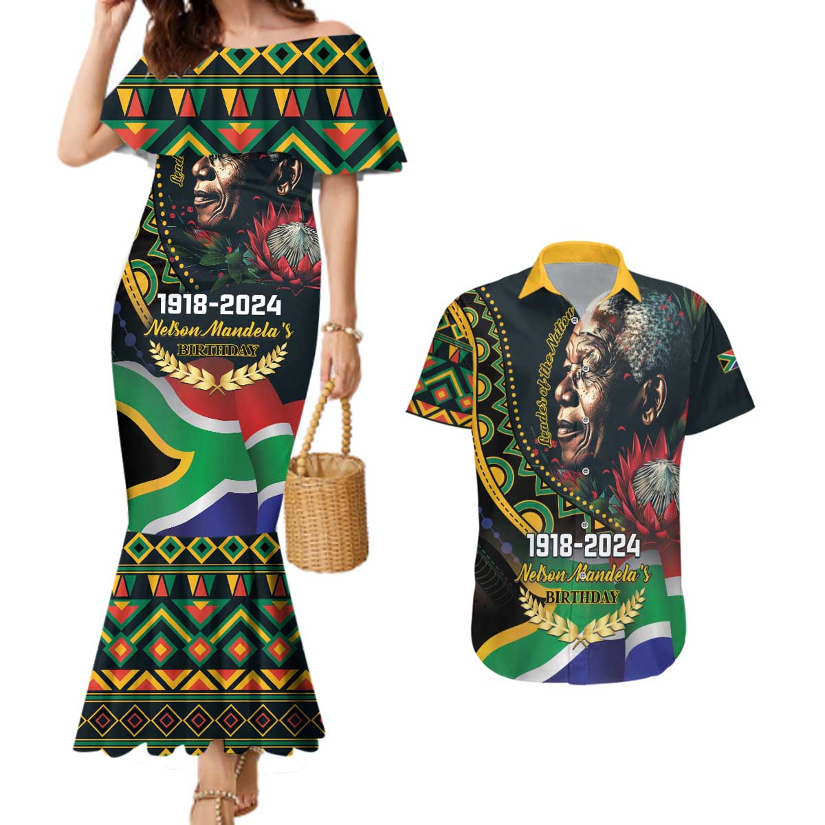Nelson Mandela Birthday Couples Matching Mermaid Dress and Hawaiian Shirt Leader of the Nation - Wonder Print Shop