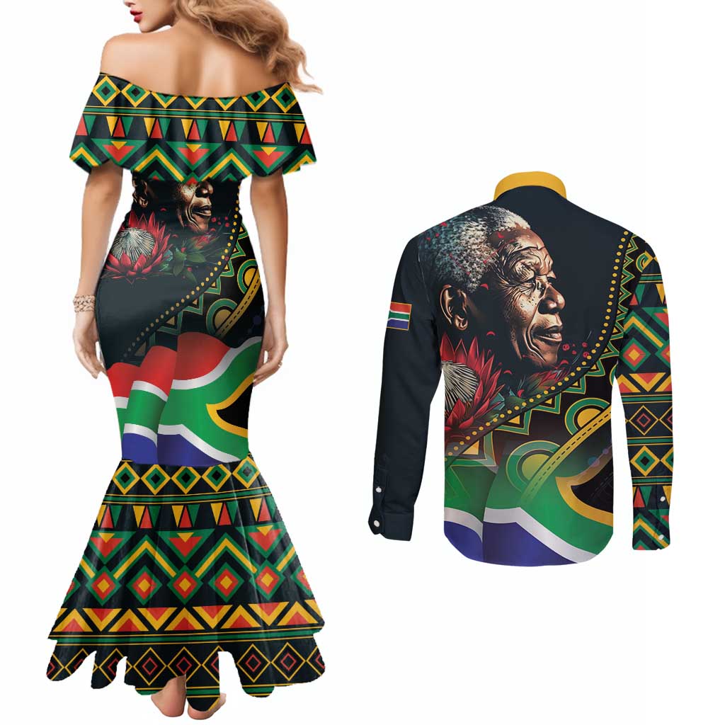 Nelson Mandela Birthday Couples Matching Mermaid Dress and Long Sleeve Button Shirt Leader of the Nation