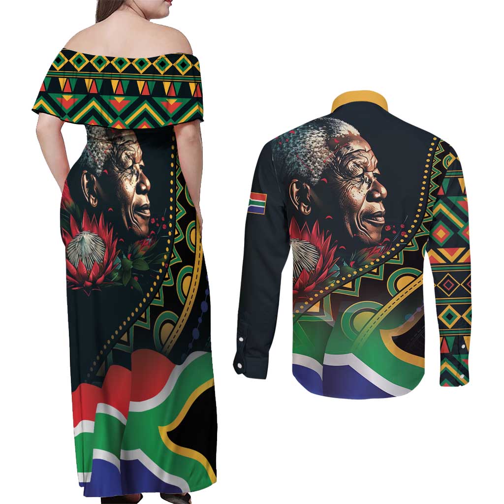 Nelson Mandela Birthday Couples Matching Off Shoulder Maxi Dress and Long Sleeve Button Shirt Leader of the Nation - Wonder Print Shop