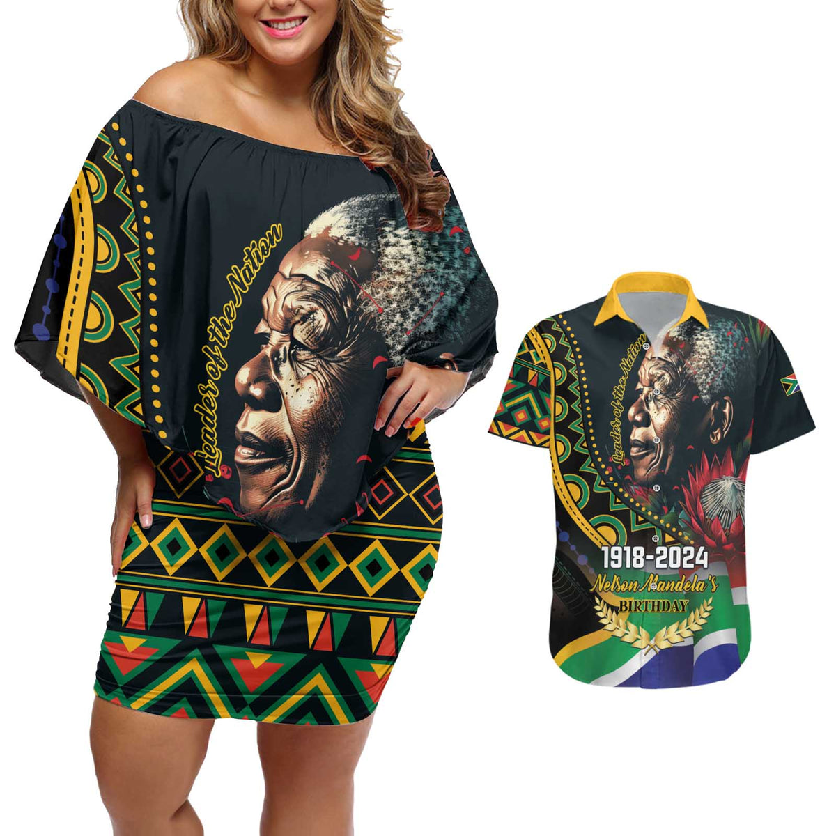 Nelson Mandela Birthday Couples Matching Off Shoulder Short Dress and Hawaiian Shirt Leader of the Nation - Wonder Print Shop