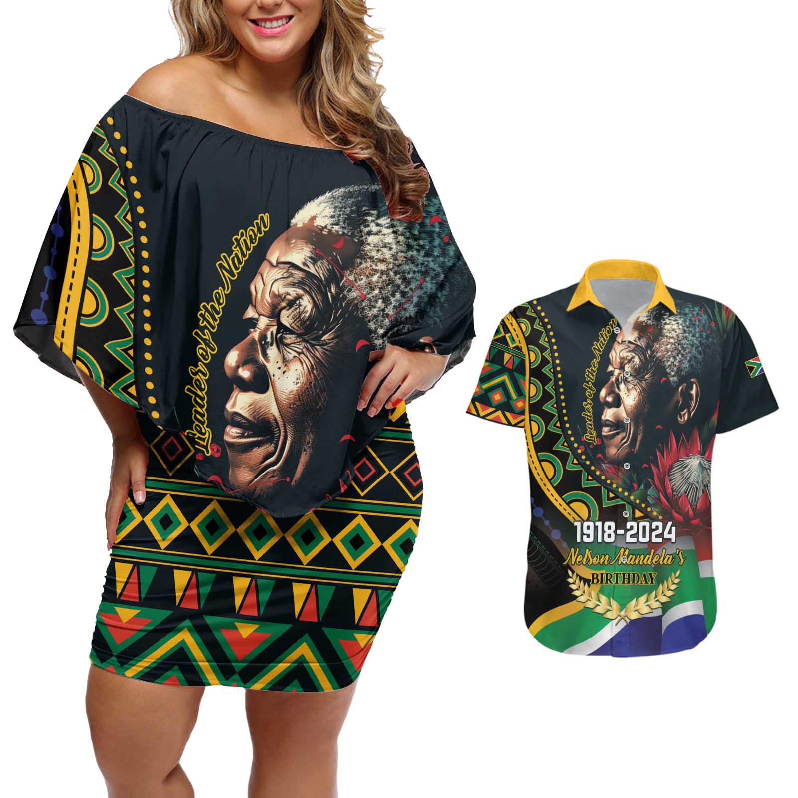 Nelson Mandela Birthday Couples Matching Off Shoulder Short Dress and Hawaiian Shirt Leader of the Nation - Wonder Print Shop