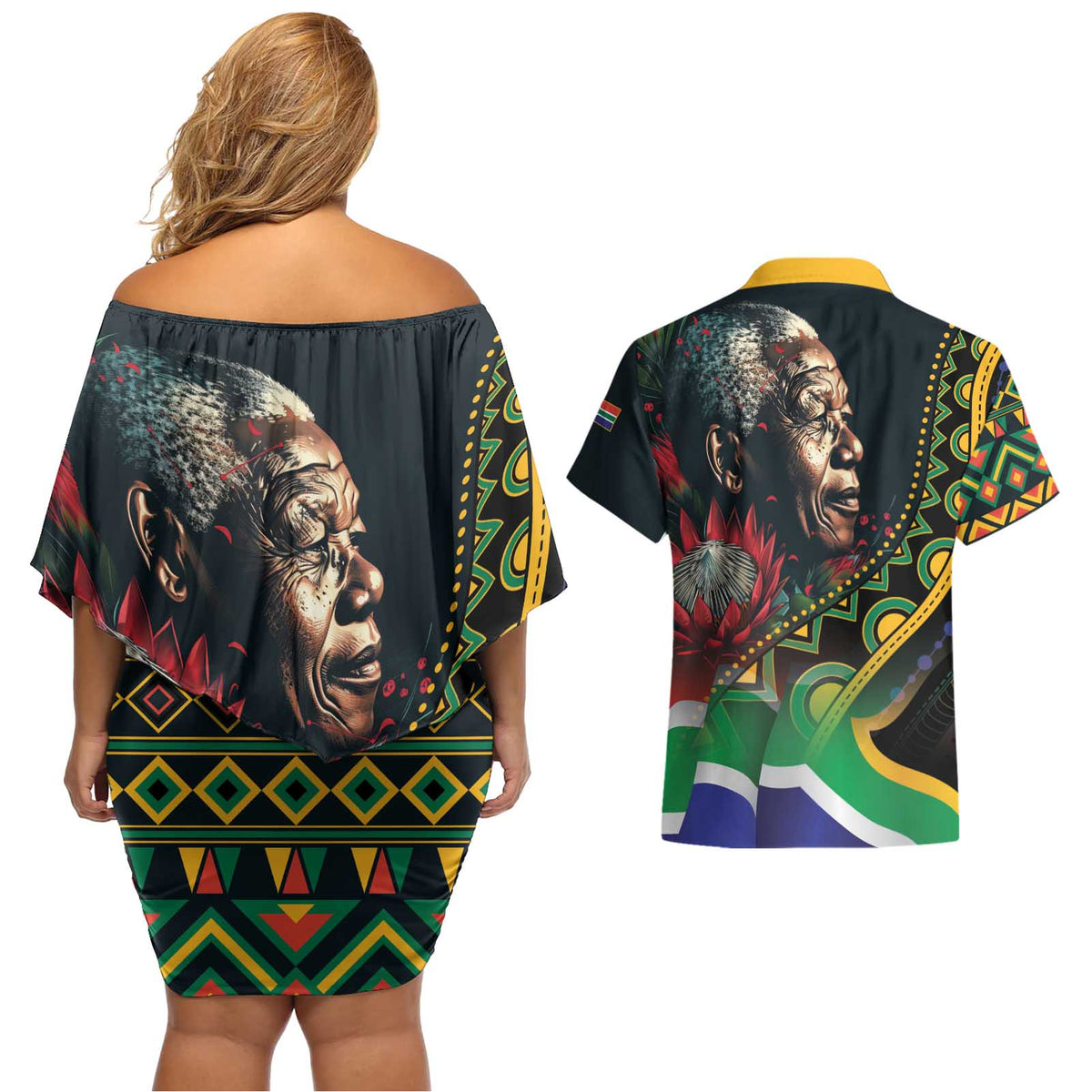 Nelson Mandela Birthday Couples Matching Off Shoulder Short Dress and Hawaiian Shirt Leader of the Nation - Wonder Print Shop