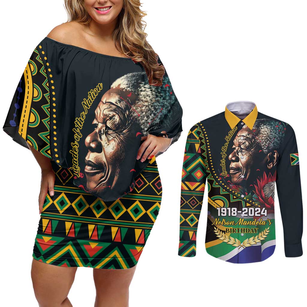 Nelson Mandela Birthday Couples Matching Off Shoulder Short Dress and Long Sleeve Button Shirt Leader of the Nation - Wonder Print Shop