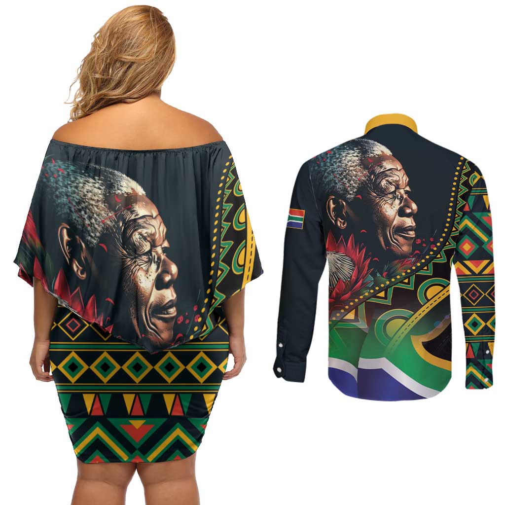 Nelson Mandela Birthday Couples Matching Off Shoulder Short Dress and Long Sleeve Button Shirt Leader of the Nation - Wonder Print Shop