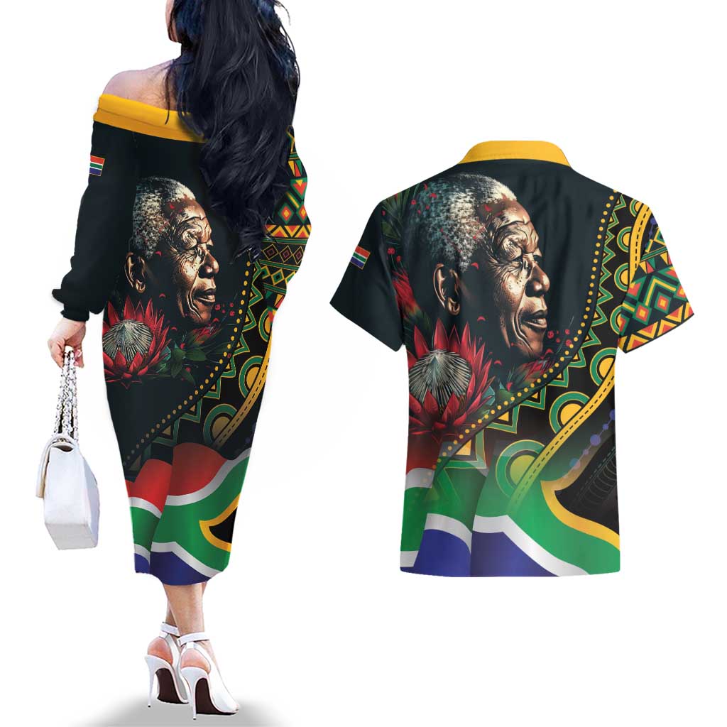 Nelson Mandela Birthday Couples Matching Off The Shoulder Long Sleeve Dress and Hawaiian Shirt Leader of the Nation - Wonder Print Shop