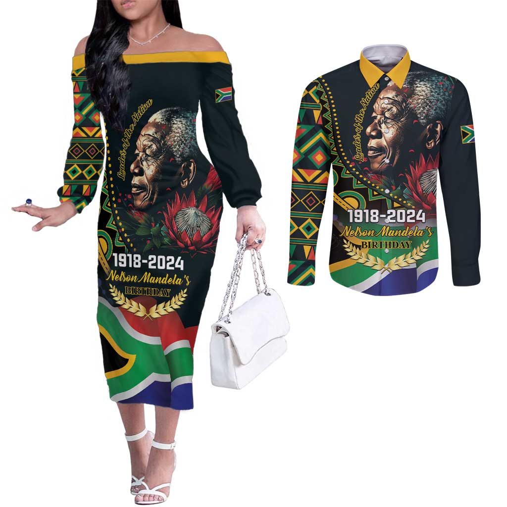 Nelson Mandela Birthday Couples Matching Off The Shoulder Long Sleeve Dress and Long Sleeve Button Shirt Leader of the Nation