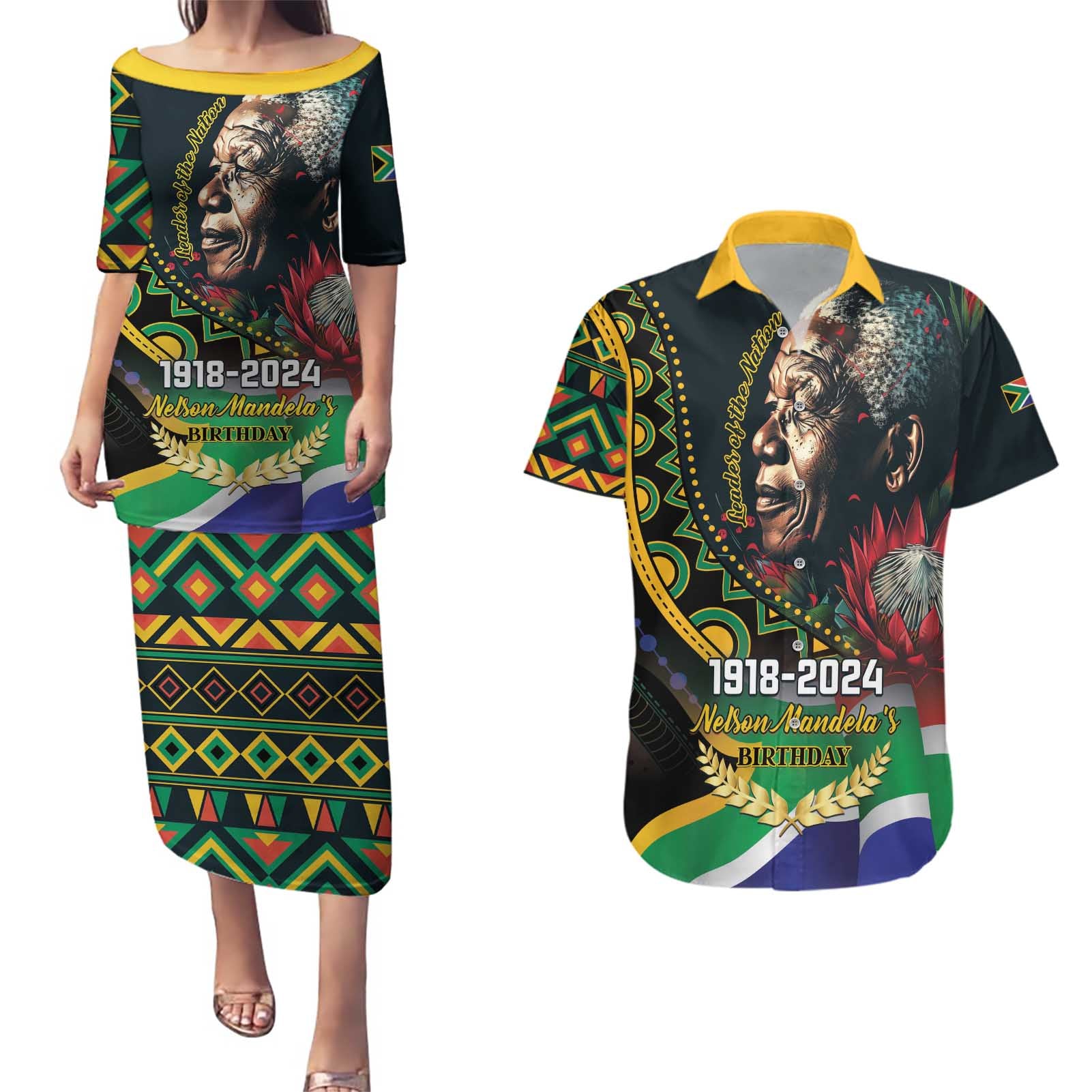 Nelson Mandela Birthday Couples Matching Puletasi and Hawaiian Shirt Leader of the Nation - Wonder Print Shop