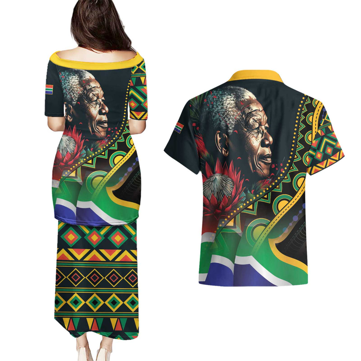 Nelson Mandela Birthday Couples Matching Puletasi and Hawaiian Shirt Leader of the Nation - Wonder Print Shop