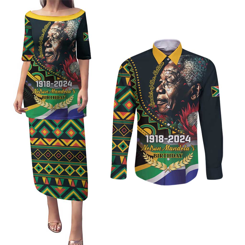 Nelson Mandela Birthday Couples Matching Puletasi and Long Sleeve Button Shirt Leader of the Nation - Wonder Print Shop