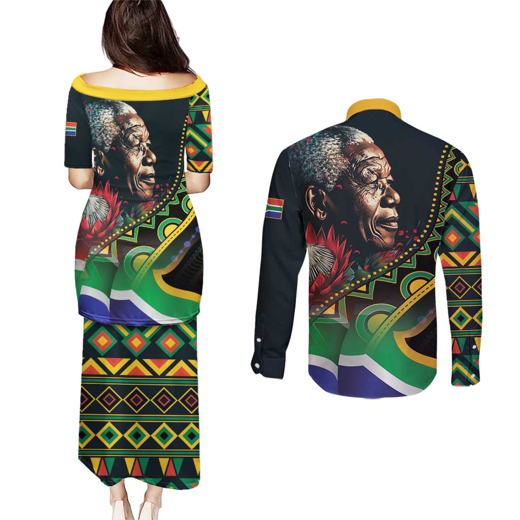 Nelson Mandela Birthday Couples Matching Puletasi and Long Sleeve Button Shirt Leader of the Nation - Wonder Print Shop