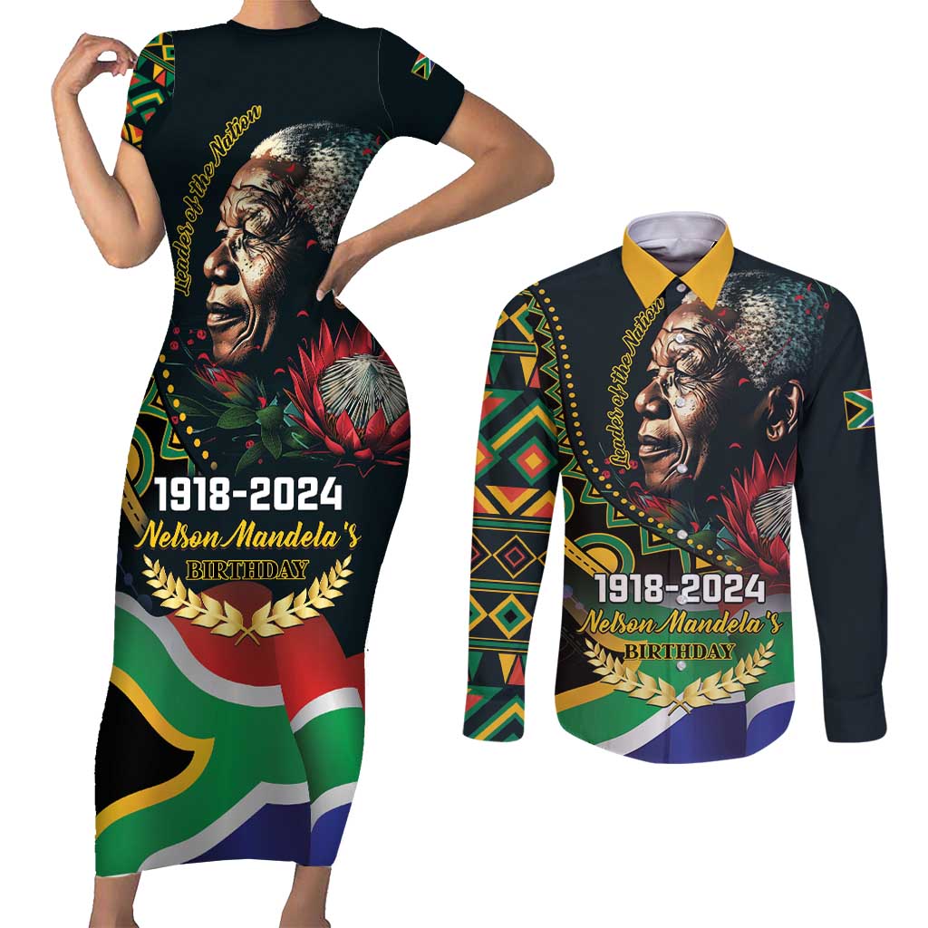 Nelson Mandela Birthday Couples Matching Short Sleeve Bodycon Dress and Long Sleeve Button Shirt Leader of the Nation - Wonder Print Shop