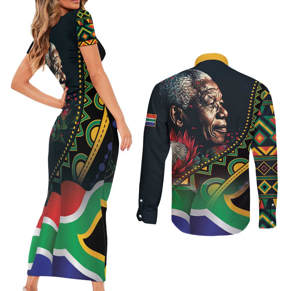 Nelson Mandela Birthday Couples Matching Short Sleeve Bodycon Dress and Long Sleeve Button Shirt Leader of the Nation - Wonder Print Shop