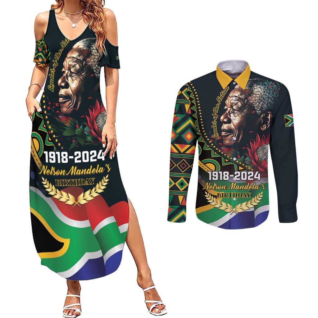 Nelson Mandela Birthday Couples Matching Summer Maxi Dress and Long Sleeve Button Shirt Leader of the Nation - Wonder Print Shop