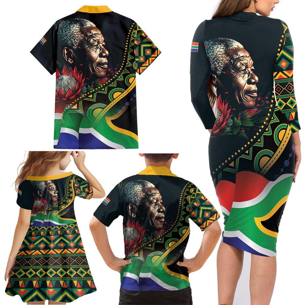 Nelson Mandela Birthday Family Matching Long Sleeve Bodycon Dress and Hawaiian Shirt Leader of the Nation - Wonder Print Shop