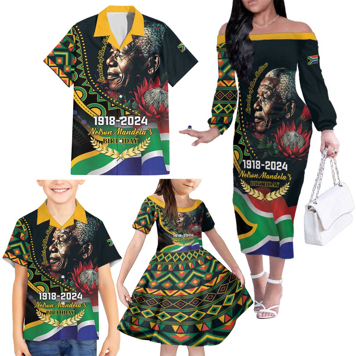 Nelson Mandela Birthday Family Matching Off The Shoulder Long Sleeve Dress and Hawaiian Shirt Leader of the Nation - Wonder Print Shop