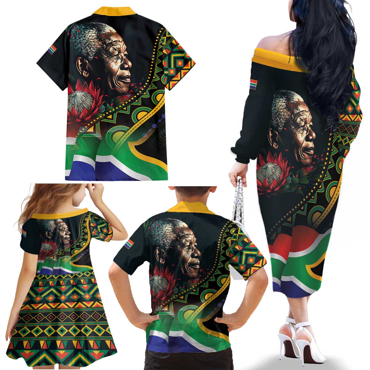 Nelson Mandela Birthday Family Matching Off The Shoulder Long Sleeve Dress and Hawaiian Shirt Leader of the Nation - Wonder Print Shop