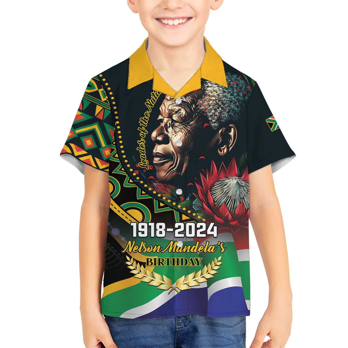 Nelson Mandela Birthday Family Matching Off The Shoulder Long Sleeve Dress and Hawaiian Shirt Leader of the Nation - Wonder Print Shop