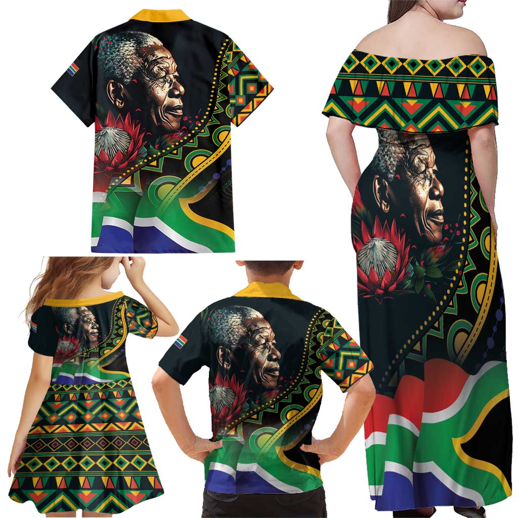 Nelson Mandela Birthday Family Matching Off Shoulder Maxi Dress and Hawaiian Shirt Leader of the Nation - Wonder Print Shop