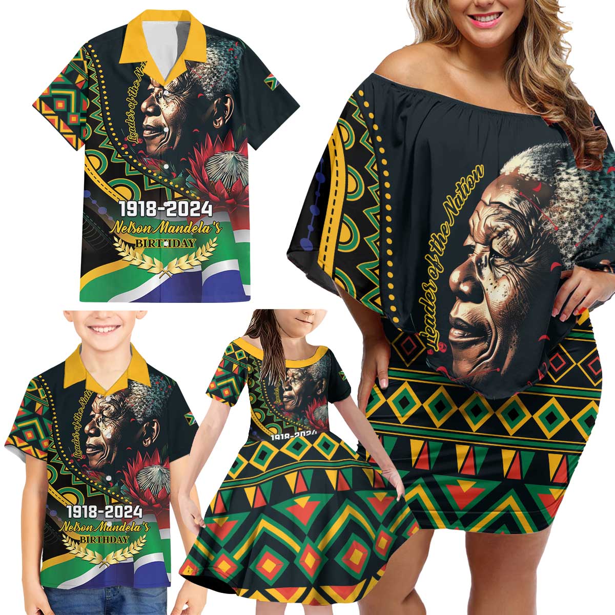 Nelson Mandela Birthday Family Matching Off Shoulder Short Dress and Hawaiian Shirt Leader of the Nation - Wonder Print Shop