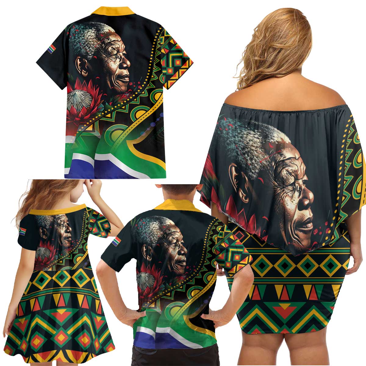 Nelson Mandela Birthday Family Matching Off Shoulder Short Dress and Hawaiian Shirt Leader of the Nation - Wonder Print Shop