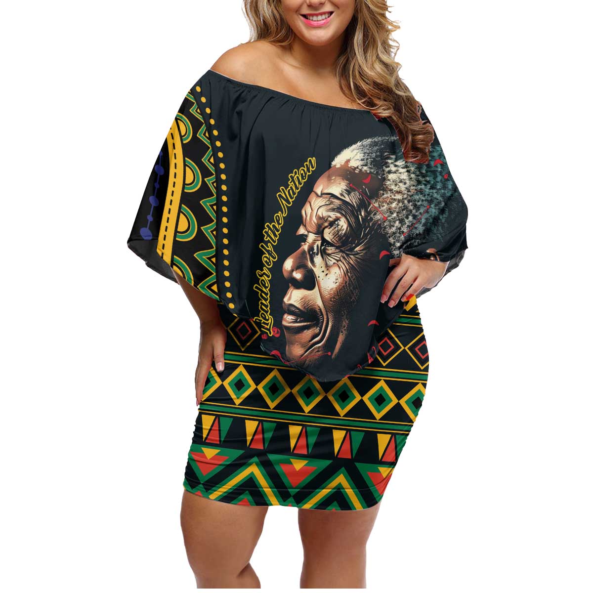 Nelson Mandela Birthday Family Matching Off Shoulder Short Dress and Hawaiian Shirt Leader of the Nation - Wonder Print Shop