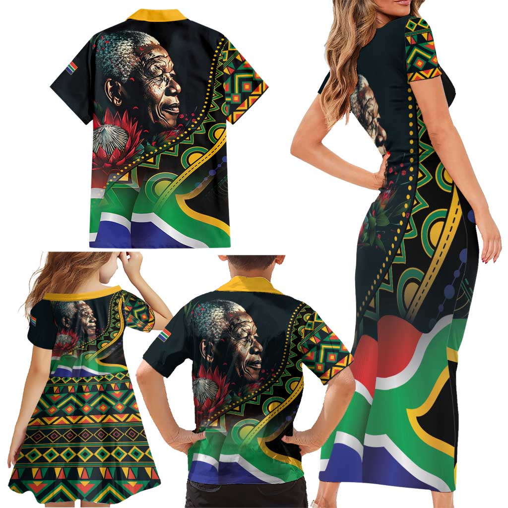 Nelson Mandela Birthday Family Matching Short Sleeve Bodycon Dress and Hawaiian Shirt Leader of the Nation - Wonder Print Shop