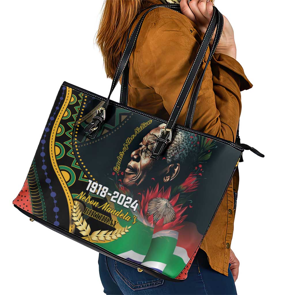 Nelson Mandela Birthday Leather Tote Bag Leader of the Nation - Wonder Print Shop