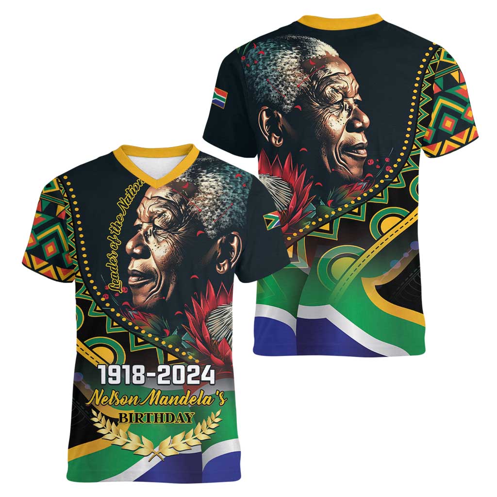 Nelson Mandela Birthday Women V-Neck T-Shirt Leader of the Nation - Wonder Print Shop