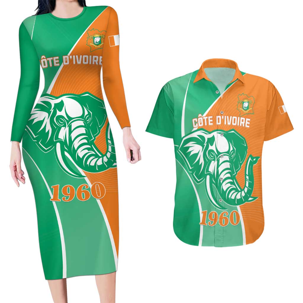 Ivory Coast Independence Day Couples Matching Long Sleeve Bodycon Dress and Hawaiian Shirt Cote d Ivoire Elephant - Wonder Print Shop