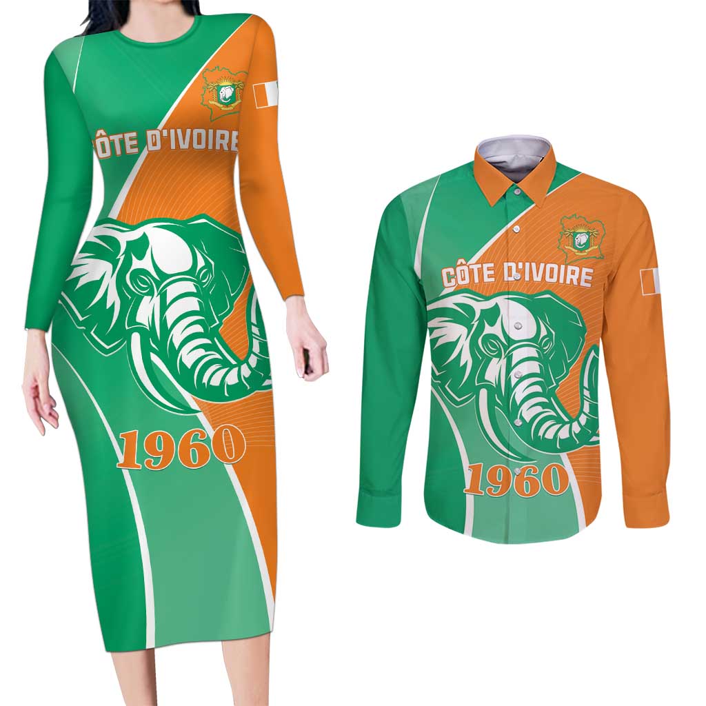 Ivory Coast Independence Day Couples Matching Long Sleeve Bodycon Dress and Long Sleeve Button Shirt Cote d Ivoire Elephant - Wonder Print Shop