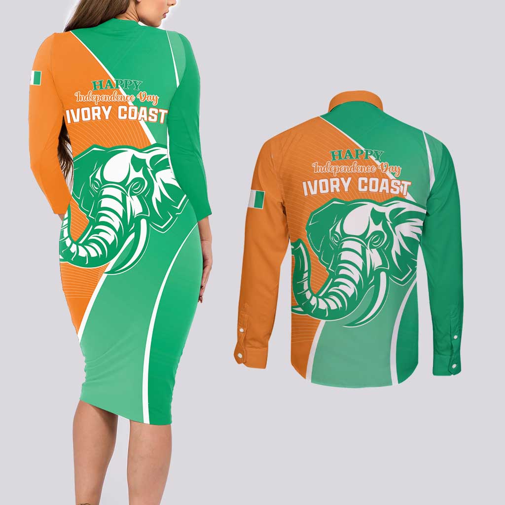 Ivory Coast Independence Day Couples Matching Long Sleeve Bodycon Dress and Long Sleeve Button Shirt Cote d Ivoire Elephant - Wonder Print Shop