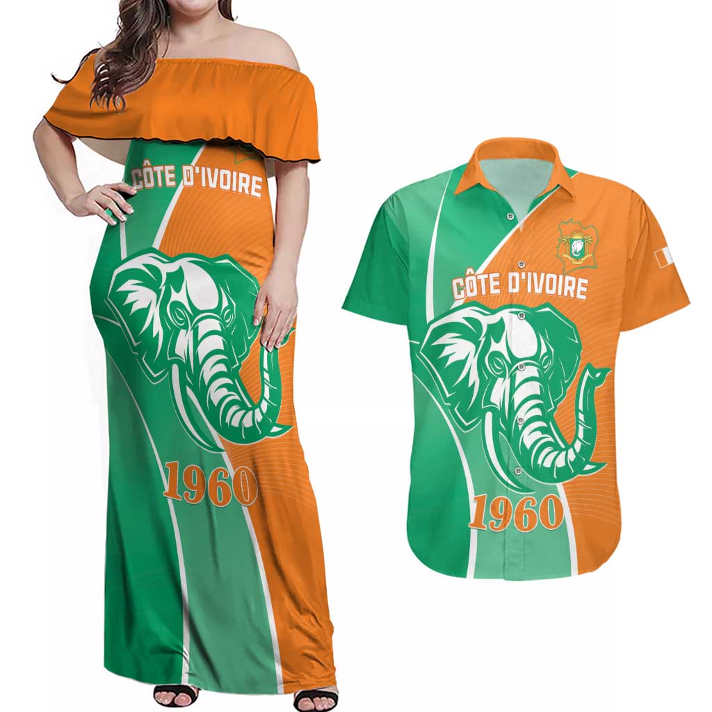 Ivory Coast Independence Day Couples Matching Off Shoulder Maxi Dress and Hawaiian Shirt Cote d Ivoire Elephant - Wonder Print Shop
