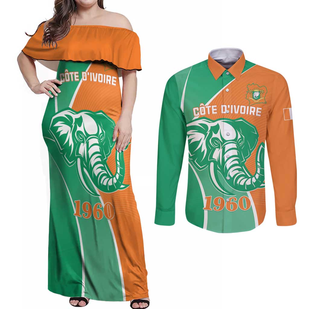 Ivory Coast Independence Day Couples Matching Off Shoulder Maxi Dress and Long Sleeve Button Shirt Cote d Ivoire Elephant - Wonder Print Shop