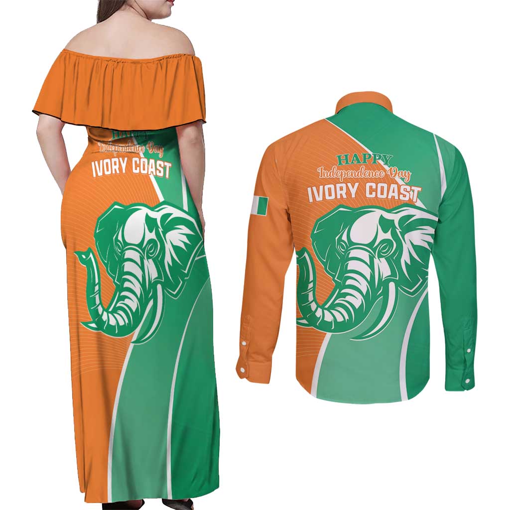Ivory Coast Independence Day Couples Matching Off Shoulder Maxi Dress and Long Sleeve Button Shirt Cote d Ivoire Elephant - Wonder Print Shop