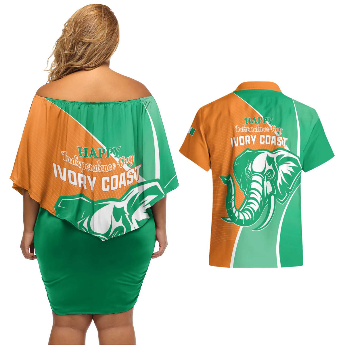Ivory Coast Independence Day Couples Matching Off Shoulder Short Dress and Hawaiian Shirt Cote d Ivoire Elephant - Wonder Print Shop