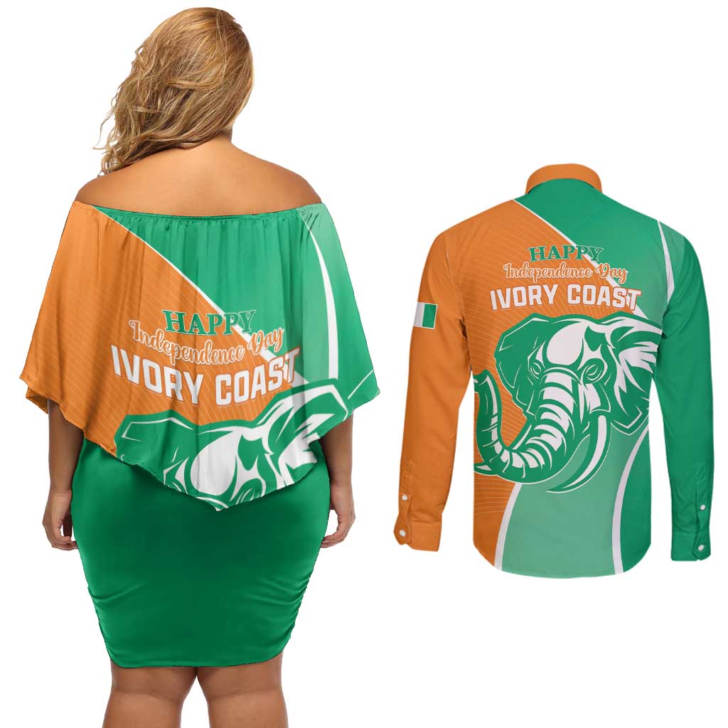 Ivory Coast Independence Day Couples Matching Off Shoulder Short Dress and Long Sleeve Button Shirt Cote d Ivoire Elephant - Wonder Print Shop
