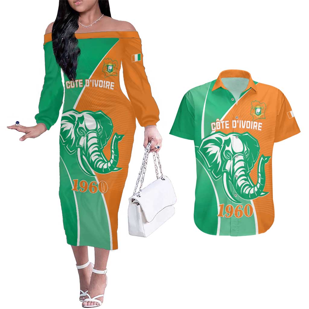 Ivory Coast Independence Day Couples Matching Off The Shoulder Long Sleeve Dress and Hawaiian Shirt Cote d Ivoire Elephant - Wonder Print Shop