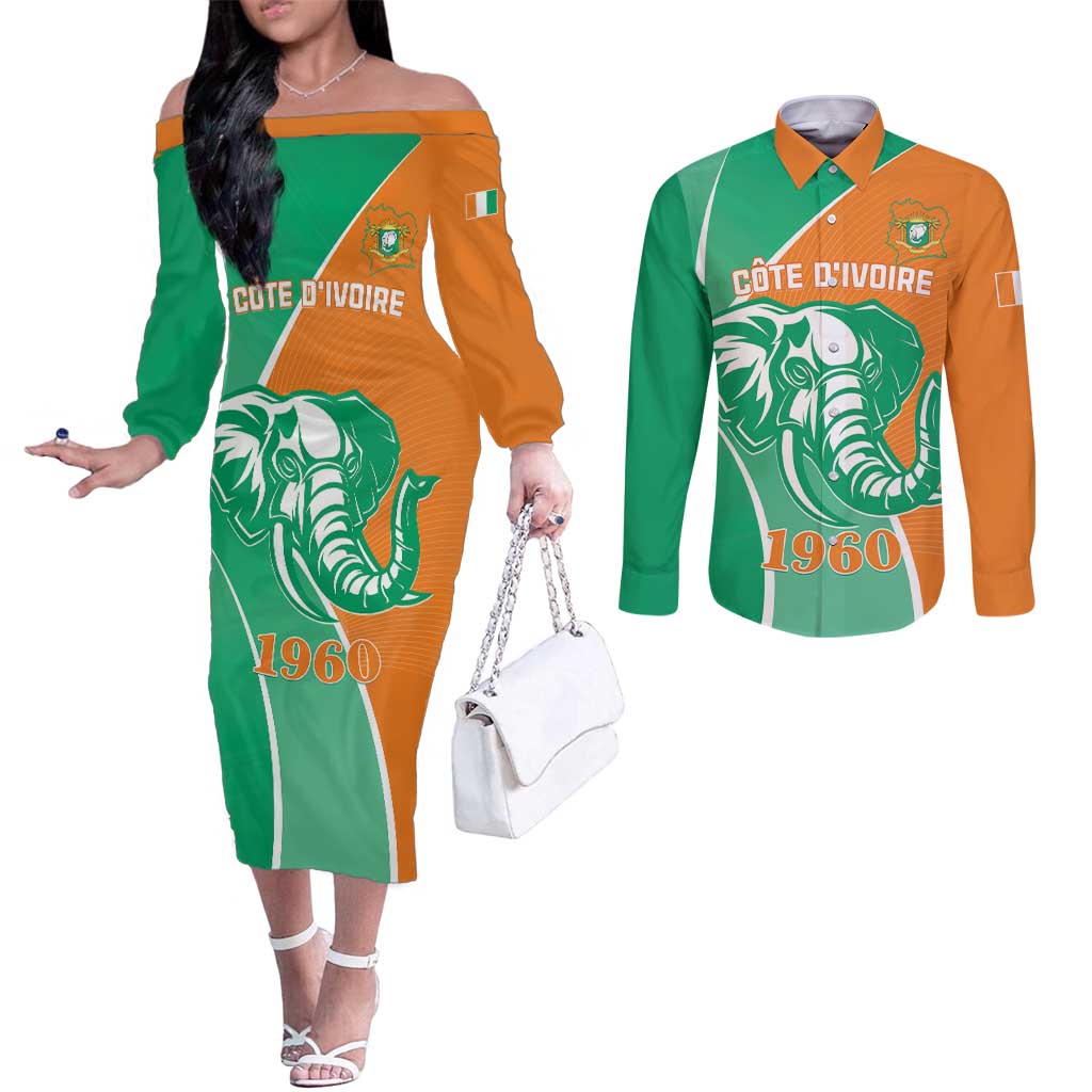 Ivory Coast Independence Day Couples Matching Off The Shoulder Long Sleeve Dress and Long Sleeve Button Shirt Cote d Ivoire Elephant