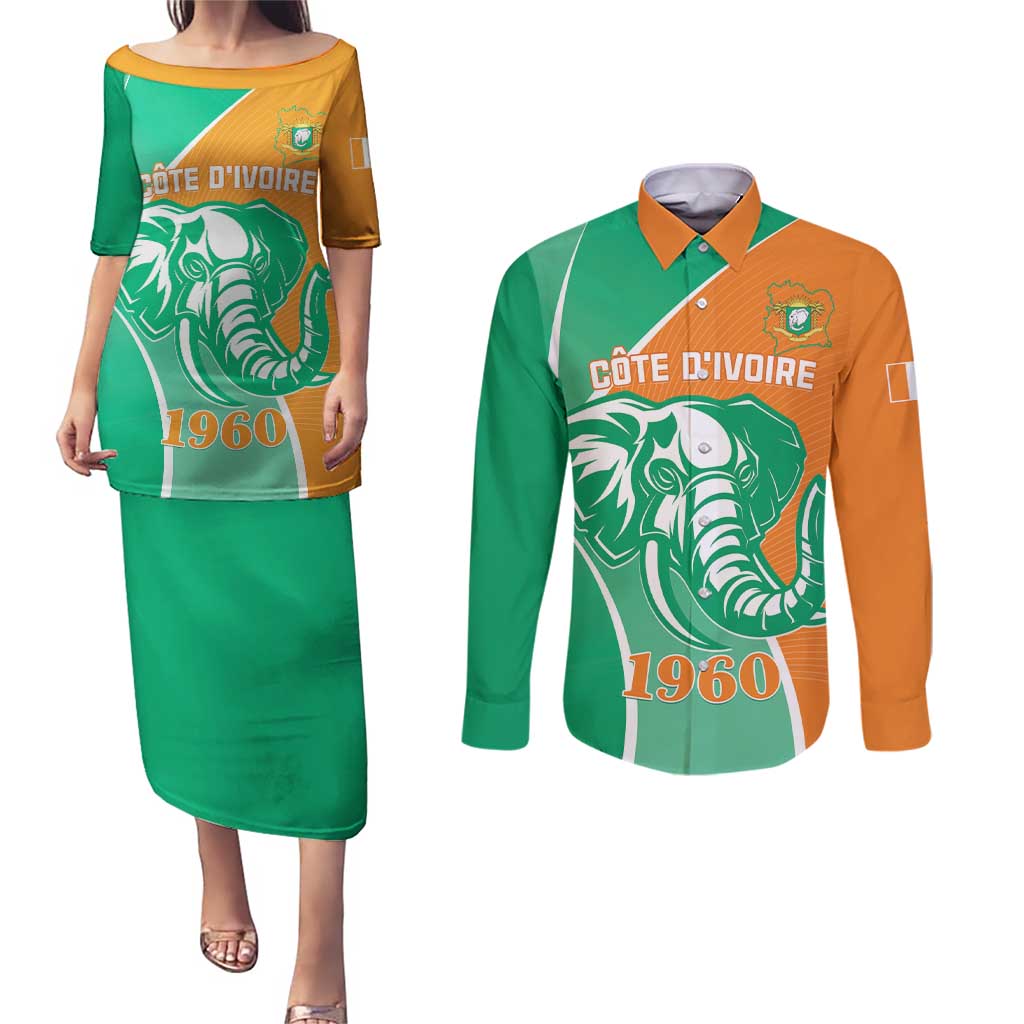 Ivory Coast Independence Day Couples Matching Puletasi and Long Sleeve Button Shirt Cote d Ivoire Elephant - Wonder Print Shop