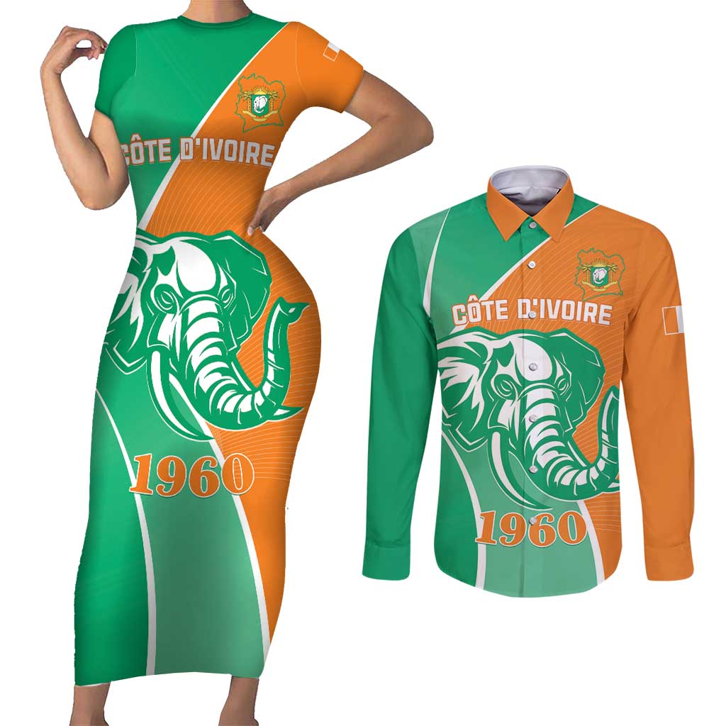 Ivory Coast Independence Day Couples Matching Short Sleeve Bodycon Dress and Long Sleeve Button Shirt Cote d Ivoire Elephant - Wonder Print Shop