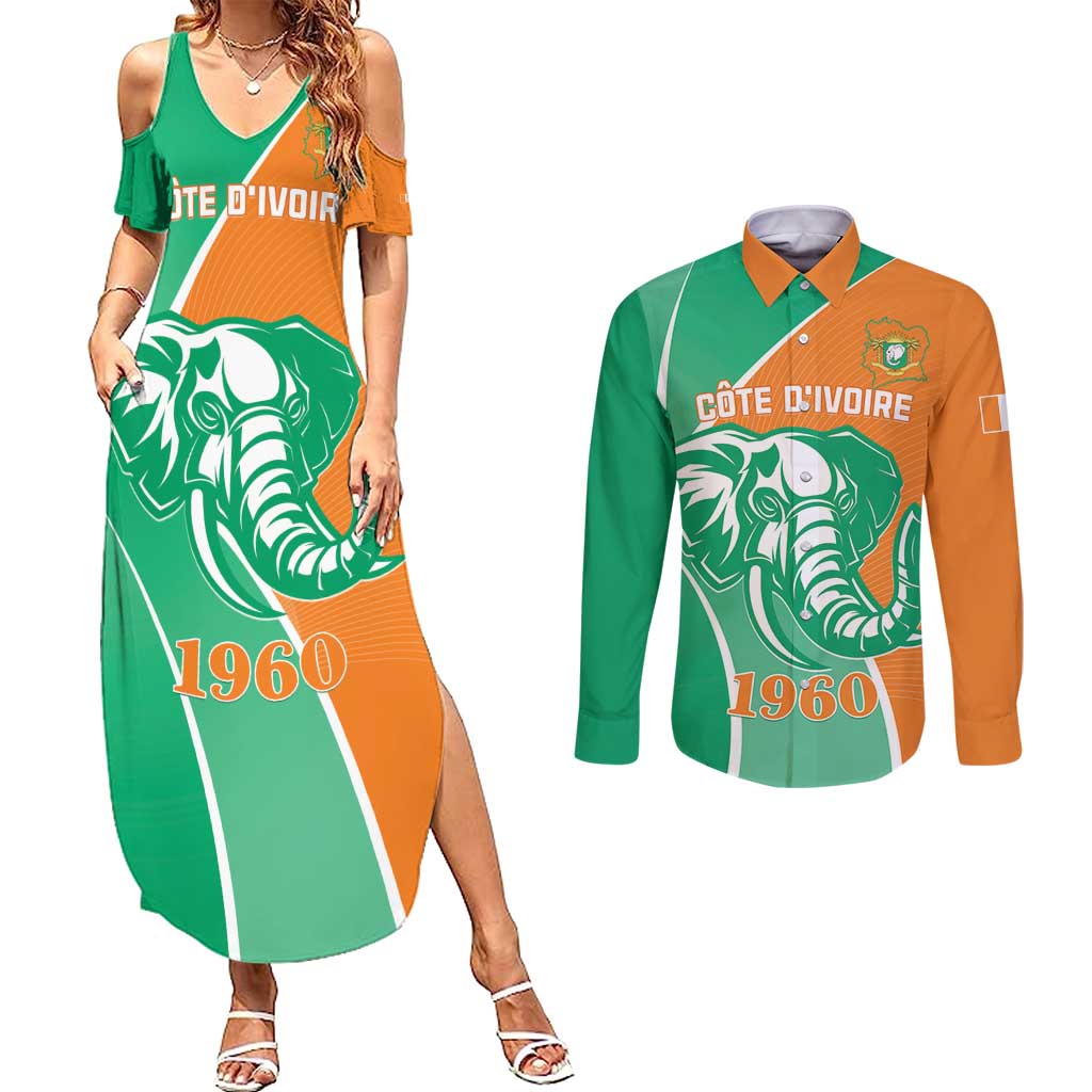Ivory Coast Independence Day Couples Matching Summer Maxi Dress and Long Sleeve Button Shirt Cote d Ivoire Elephant - Wonder Print Shop