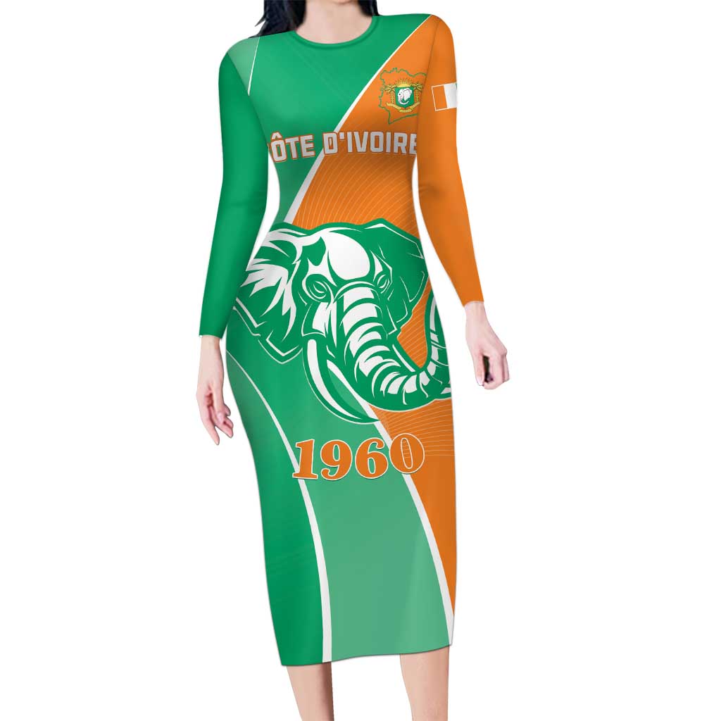 Ivory Coast Independence Day Long Sleeve Bodycon Dress Cote d Ivoire Elephant - Wonder Print Shop