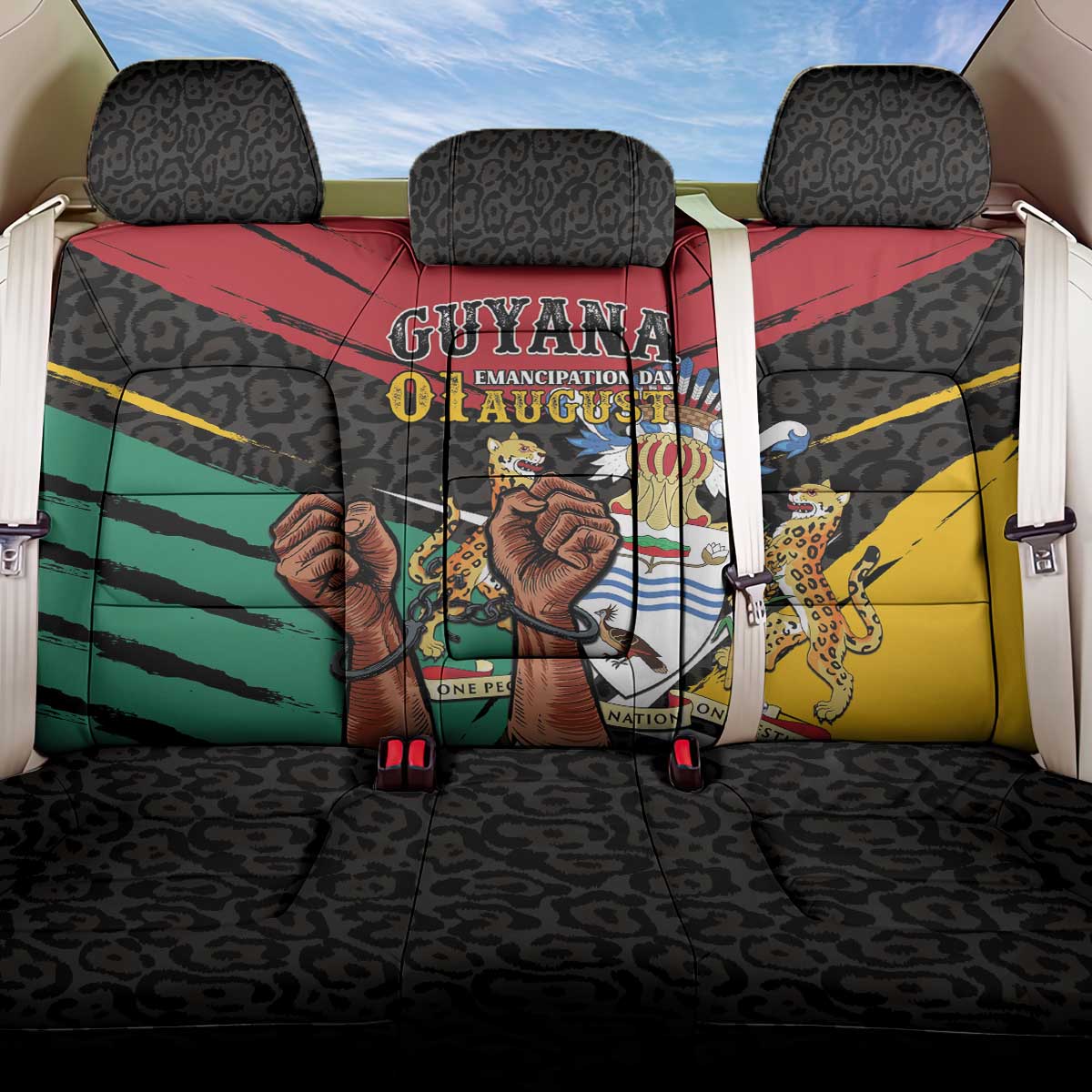 Guyana Emancipation Day Back Car Seat Cover Jaguar Skin Pattern - Wonder Print Shop