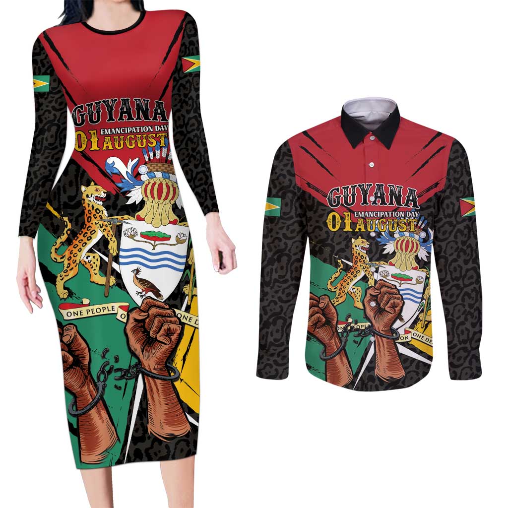 Personalized Guyana Emancipation Day Couples Matching Long Sleeve Bodycon Dress and Long Sleeve Button Shirt Jaguar Skin Pattern - Wonder Print Shop