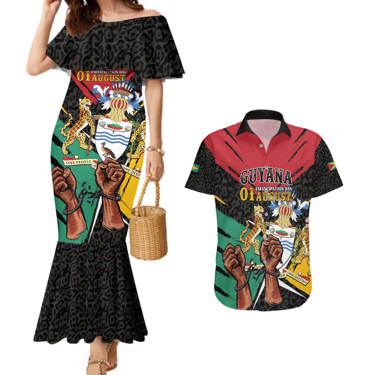 Personalized Guyana Emancipation Day Couples Matching Mermaid Dress and Hawaiian Shirt Jaguar Skin Pattern - Wonder Print Shop