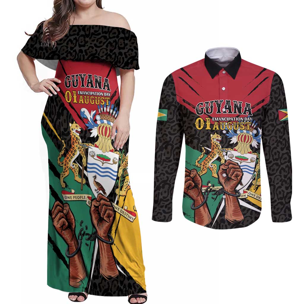 Personalized Guyana Emancipation Day Couples Matching Off Shoulder Maxi Dress and Long Sleeve Button Shirt Jaguar Skin Pattern - Wonder Print Shop
